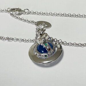 New Silver Blue Saturn Orb Chain Choker Necklace